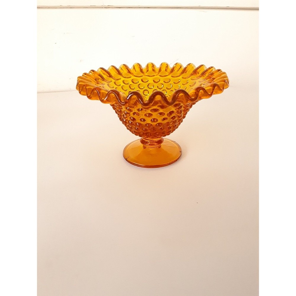 Vintage Fenton Amber Pedestal Compote Candy Dish Hobnail Ruffled Edge 3.5"
